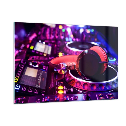Quadro su vetro - Attrezzatura DJ colorata con cuffie rosse - 120x80cm - Prima che inizi la festa - Decorazione murale moderna per soggiorno e camera da letto ARTTOR