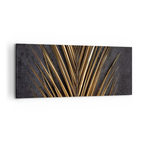 Quadro su tela - Stampe su Tela - Foglia tropicale dorata su sfondo nero - 120x50cm - L'oro dei tropici - Decorazione murale moderna per soggiorno e camera da letto ARTTOR