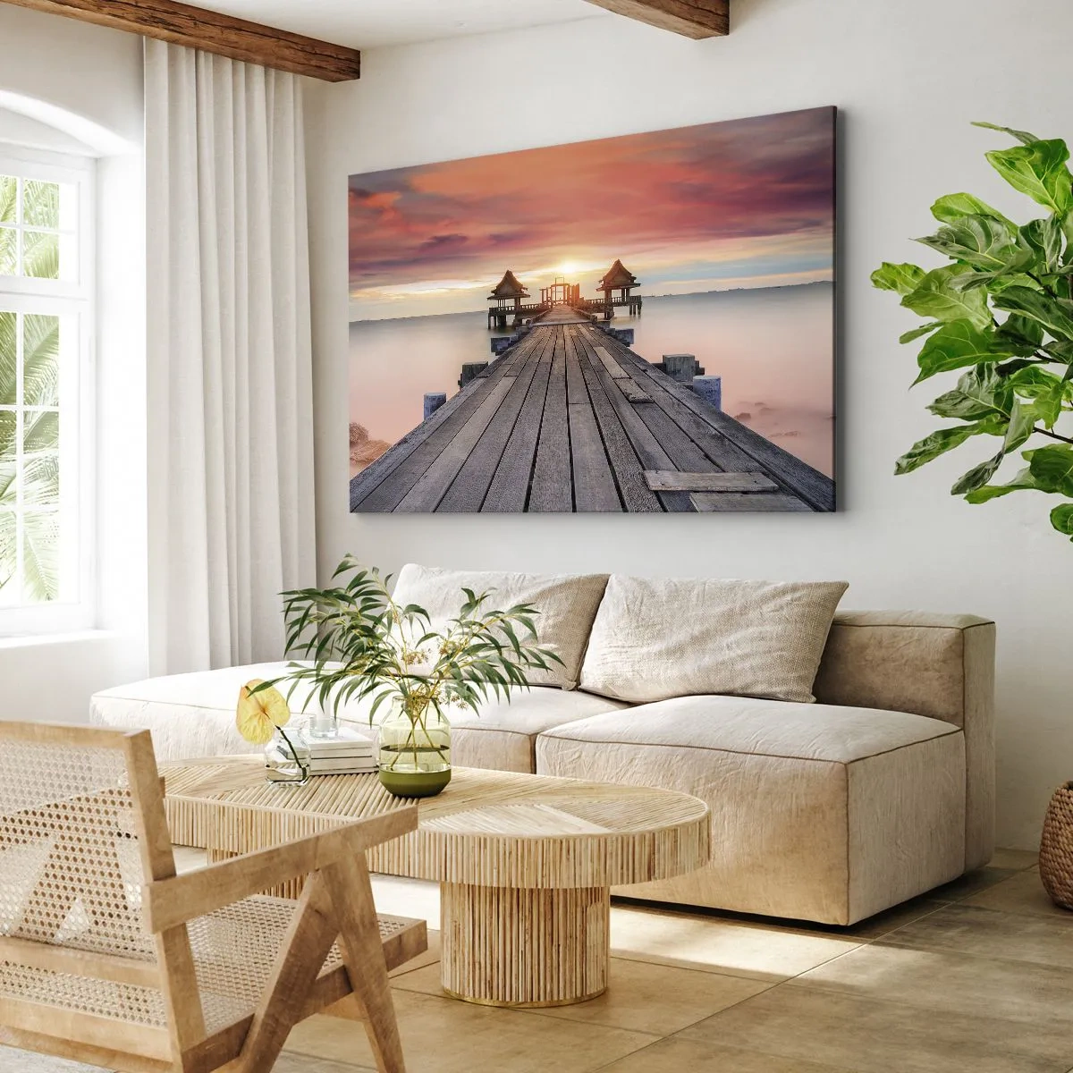 Quadro su tela - Stampe su Tela - Molo di legno che conduce ai gazebo al tramonto - 100x70cm - Tramonto d'oriente - Decorazione murale moderna per soggiorno e camera da letto ARTTOR