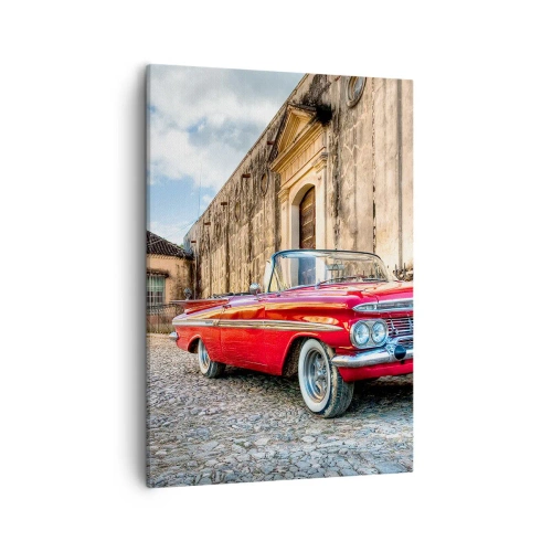 Quadro su tela - Stampe su Tela - Auto d'epoca rossa su una strada acciottolata - 50x70cm - Impressioni di Cuba - Decorazione murale moderna per soggiorno e camera da letto ARTTOR