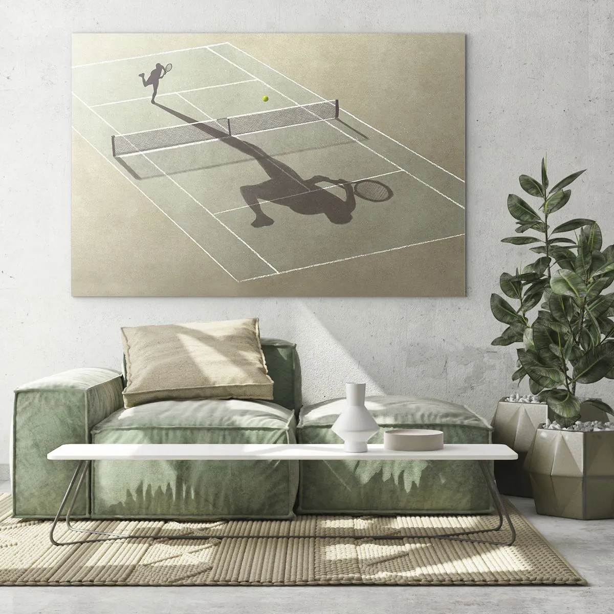 Quadro su vetro - La figura di un tennista e la sua ombra sul campo durante un servizio - 70x50cm - Sconfiggere se stesso - Decorazione murale moderna per soggiorno e camera da letto ARTTOR