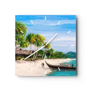 Orologio da parete - Orologio in Vetro - Una spiaggia esotica con palme e una barca sulla riva - 30x30cm - Sogno esotico - Decorazione murale moderna per soggiorno e camera da letto ARTTOR