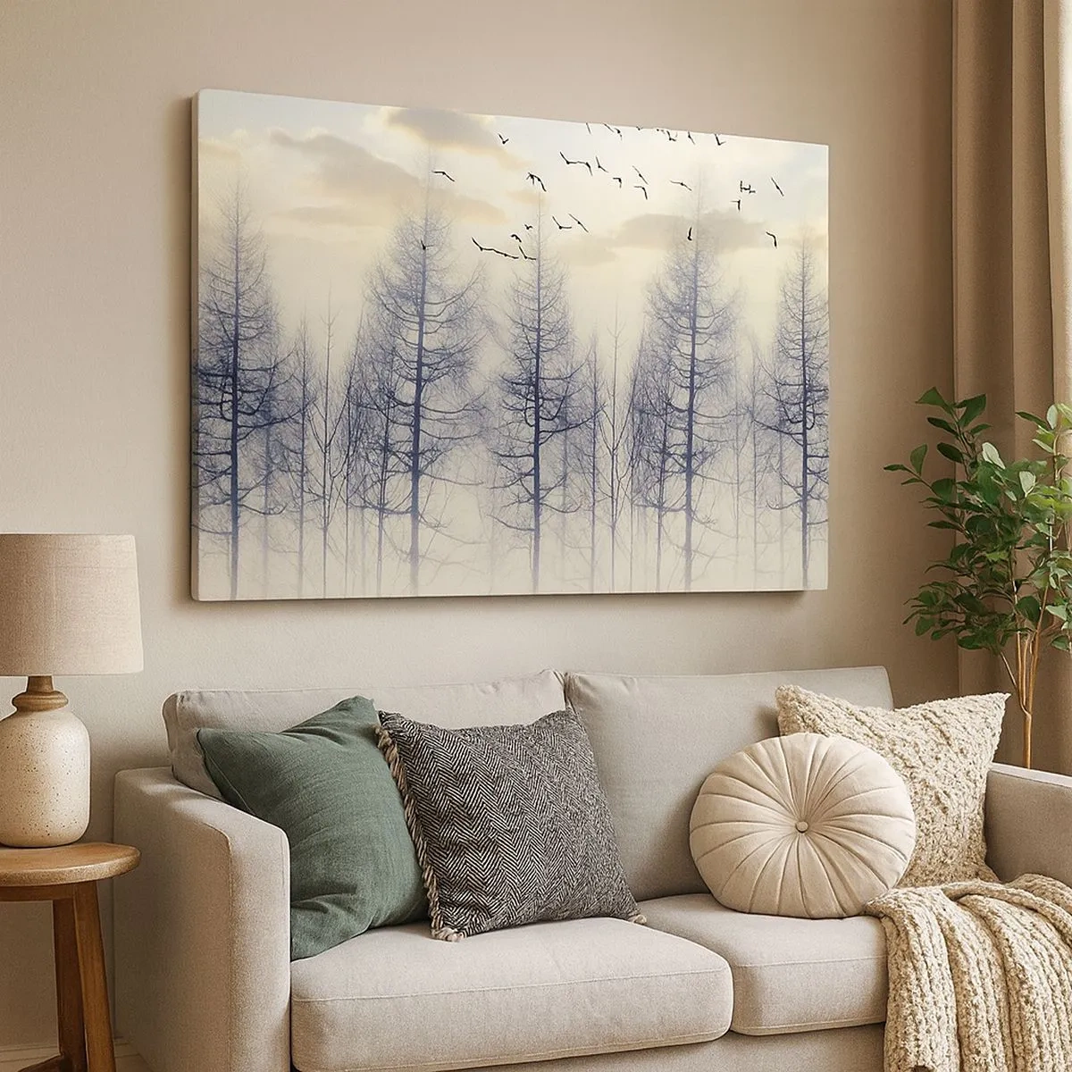 Quadro su tela - Stampe su Tela - Foresta nebbiosa con uccelli contro il cielo al tramonto - 70x50cm - Lo spirito della foresta - Decorazione murale moderna per soggiorno e camera da letto ARTTOR