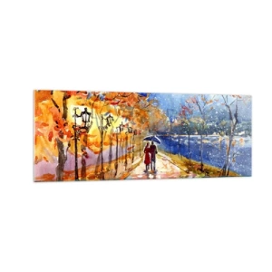 Quadro su vetro - Una passeggiata autunnale nel parco sulla riva del fiume sotto l'ombrellone - 140x50cm - Insieme fino ai confini del tempo - Decorazione murale moderna per soggiorno e camera da letto ARTTOR