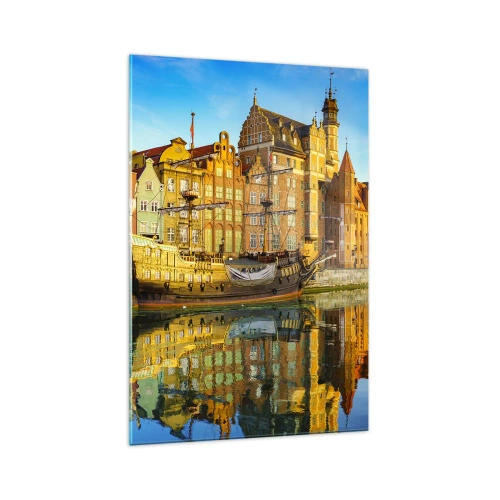 Quadro su vetro - Una vista pittoresca della città vecchia con una nave a vela e l'acqua - 70x100cm - Il riflesso del passato - Decorazione murale moderna per soggiorno e camera da letto ARTTOR