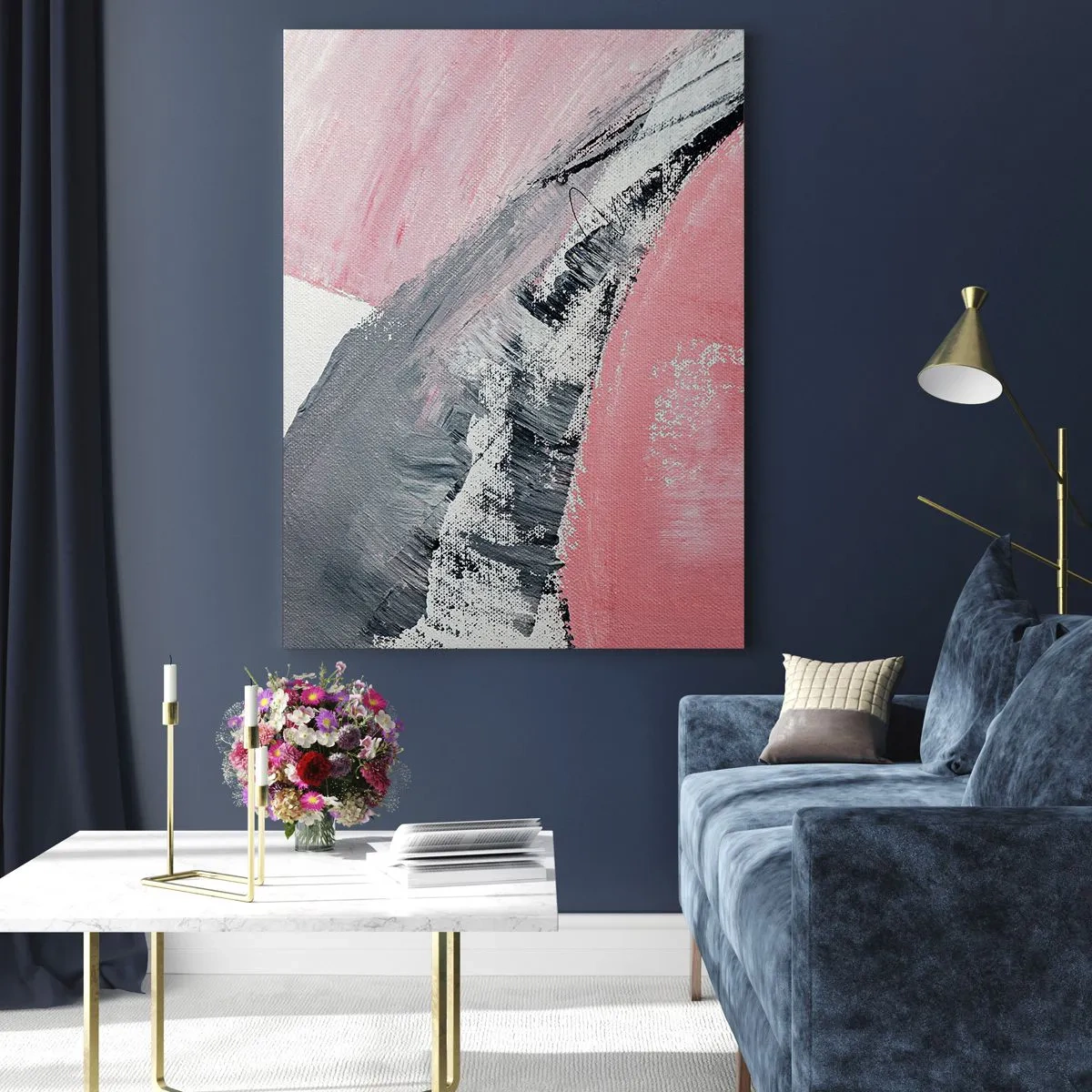 Quadro su vetro - Astrazione moderna in rosa, bianco e grigio con texture a pennellate - 50x70cm - Composizione abbinata - Decorazione murale moderna per soggiorno e camera da letto ARTTOR