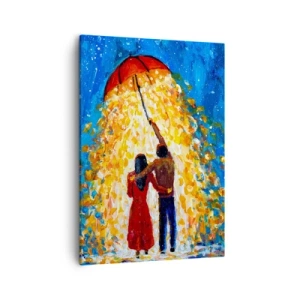 Quadro su tela - Stampe su Tela - Una coppia sotto un ombrello rosso sotto la pioggia luminosa - 50x70cm - La magia di una sera piovosa? - Decorazione murale moderna per soggiorno e camera da letto ARTTOR