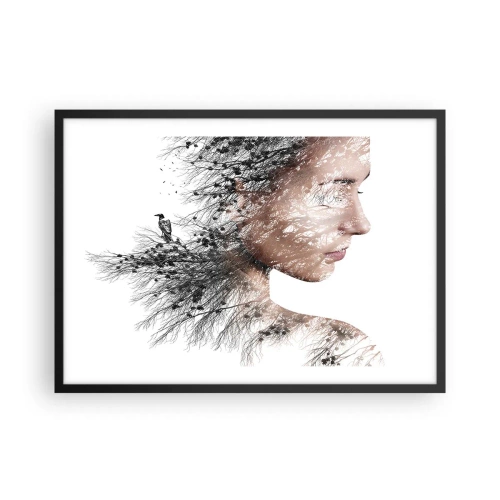 Poster in cornice nera - Silhouette di una donna con un motivo di ramo e uccello sullo sfondo - 70x50cm - Lo spirito della foresta - Decorazione murale moderna per soggiorno e camera da letto ARTTOR