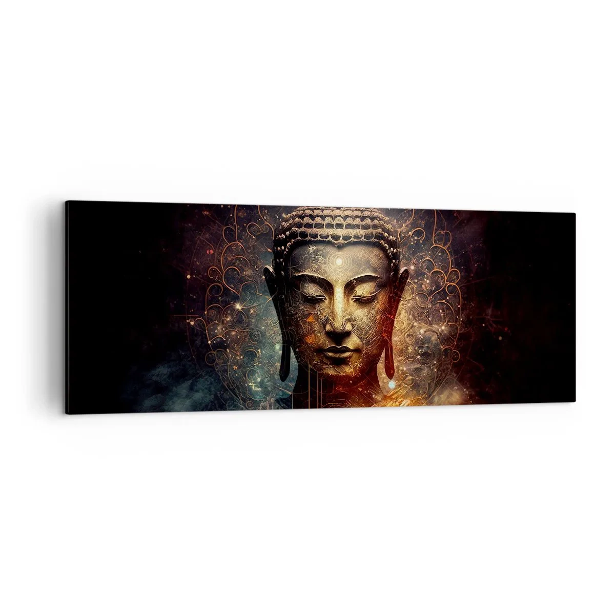 Quadro su tela - Stampe su Tela - Buddha dorato su sfondo scuro con ornamenti - 140x50cm - Equilibrio spirituale - Decorazione murale moderna per soggiorno e camera da letto ARTTOR