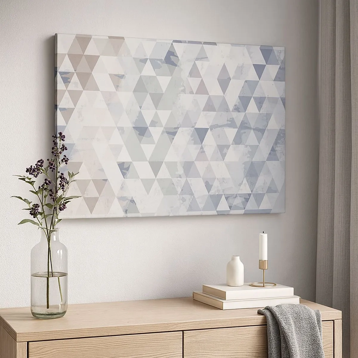 Quadro su tela - Stampe su Tela - Motivo geometrico a triangolo in tonalità pastello - 70x50cm - Al ritmo di tre - Decorazione murale moderna per soggiorno e camera da letto ARTTOR