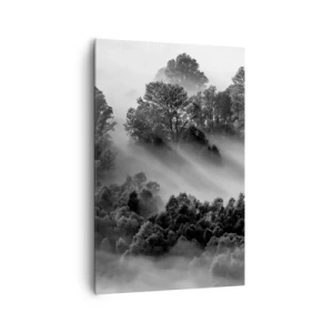 Quadro su tela - Stampe su Tela - Paesaggio forestale in bianco e nero nella nebbia mattutina - 80x120cm - Risveglio dal sonno - Decorazione murale moderna per soggiorno e camera da letto ARTTOR