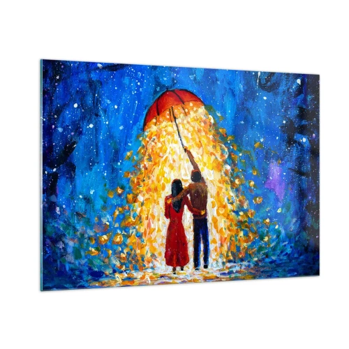 Quadro su vetro - Una coppia sotto un ombrello circondata da una luce dorata contro il cielo notturno - 100x70cm - La magia di una sera piovosa? - Decorazione murale moderna per soggiorno e camera da letto ARTTOR