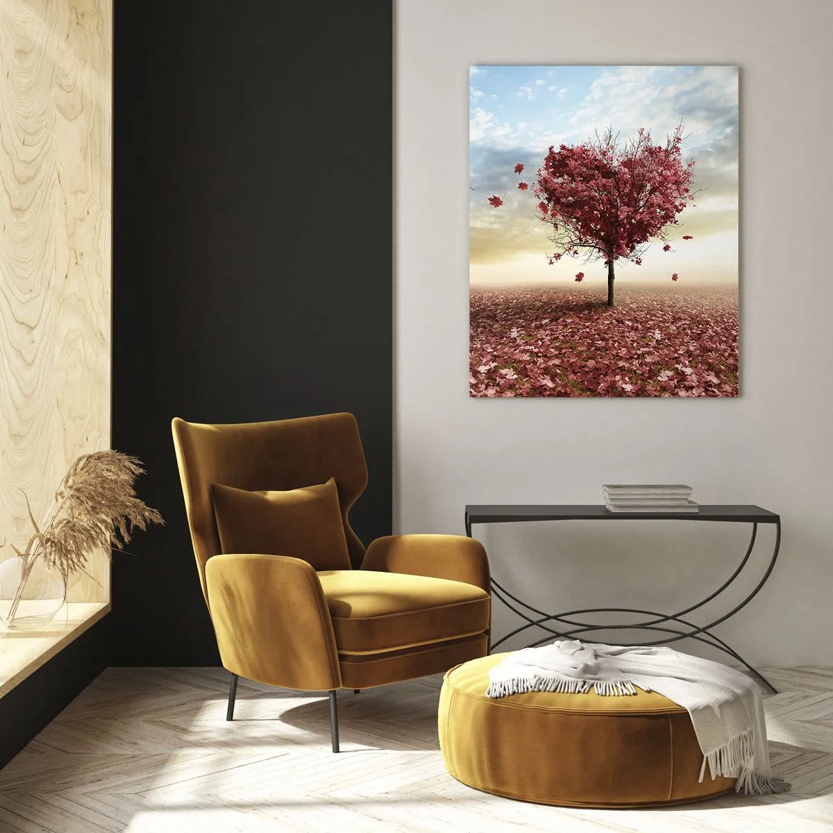 Quadro su vetro - Un albero solitario a forma di cuore in un campo di foglie rosse - 80x120cm - Ama questo autunno - Decorazione murale moderna per soggiorno e camera da letto ARTTOR