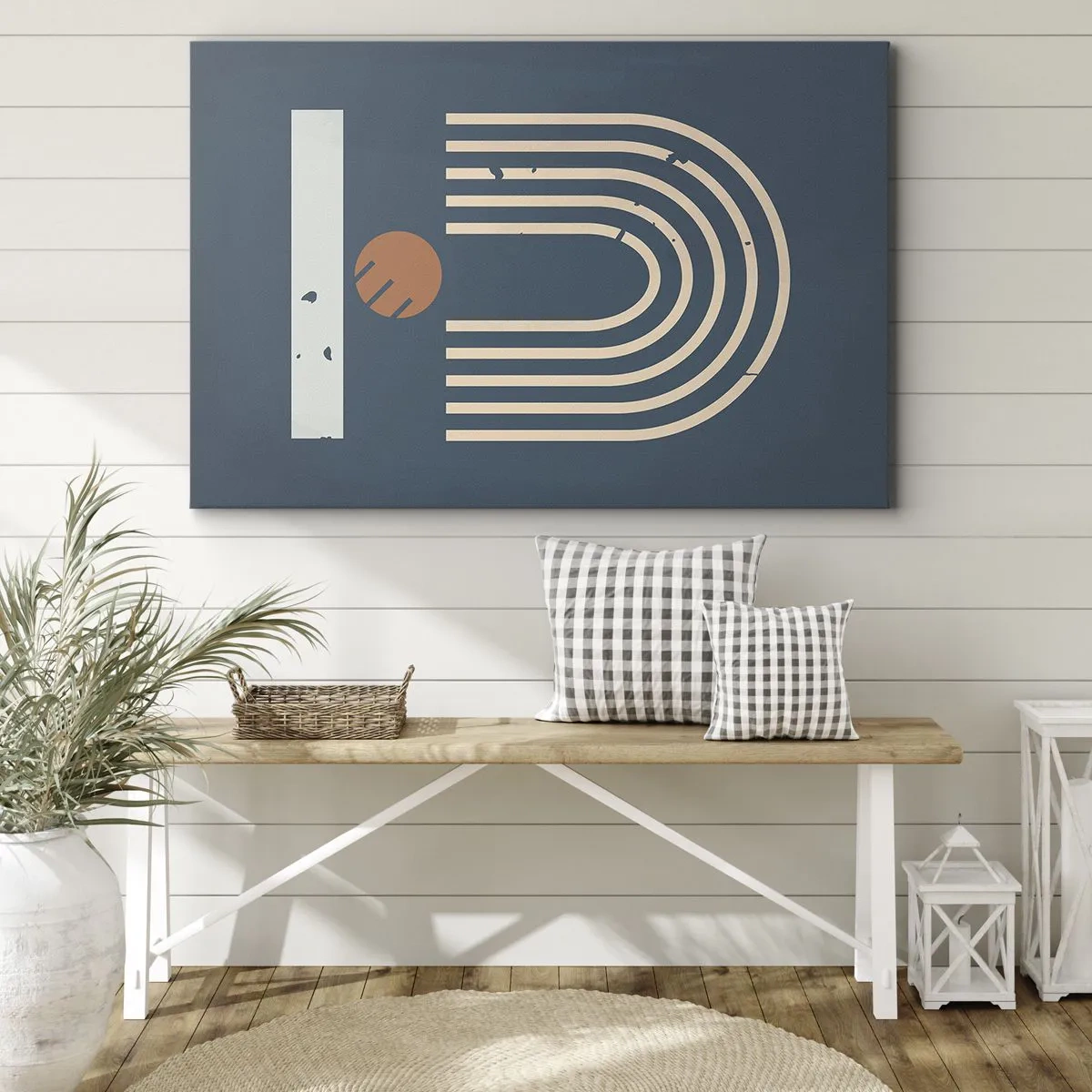 Quadro su tela - Stampe su Tela - Motivo geometrico nei toni del blu navy, beige e arancione su sfondo scuro - 70x50cm - Geometria in blu - Decorazione murale moderna per soggiorno e camera da letto ARTTOR