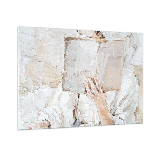 Quadro su vetro - Una persona immersa nella lettura di un libro su uno sfondo luminoso e impressionistico - 100x70cm - In un altro mondo - Decorazione murale moderna per soggiorno e camera da letto ARTTOR