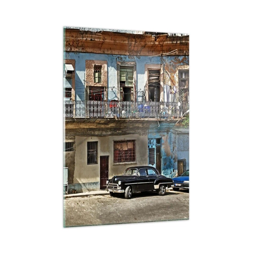 Quadro su vetro - Strada retrò con edifici classici e un'auto - 50x70cm - Atmosfera dell'Avana - Decorazione murale moderna per soggiorno e camera da letto ARTTOR