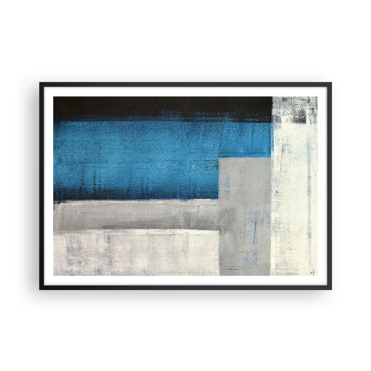 Poster in cornice nera - Una composizione astratta con sfumature di blu, grigio e bianco. - 100x70cm - Composizione poetica in grigio e blu - Decorazione murale moderna per soggiorno e camera da letto ARTTOR