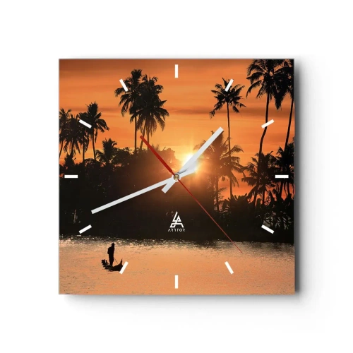Orologio da parete - Orologio in Vetro - Tramonto sulle palme e un lago calmo con una barca - 30x30cm - Il tempo del riposo - Decorazione murale moderna per soggiorno e camera da letto ARTTOR
