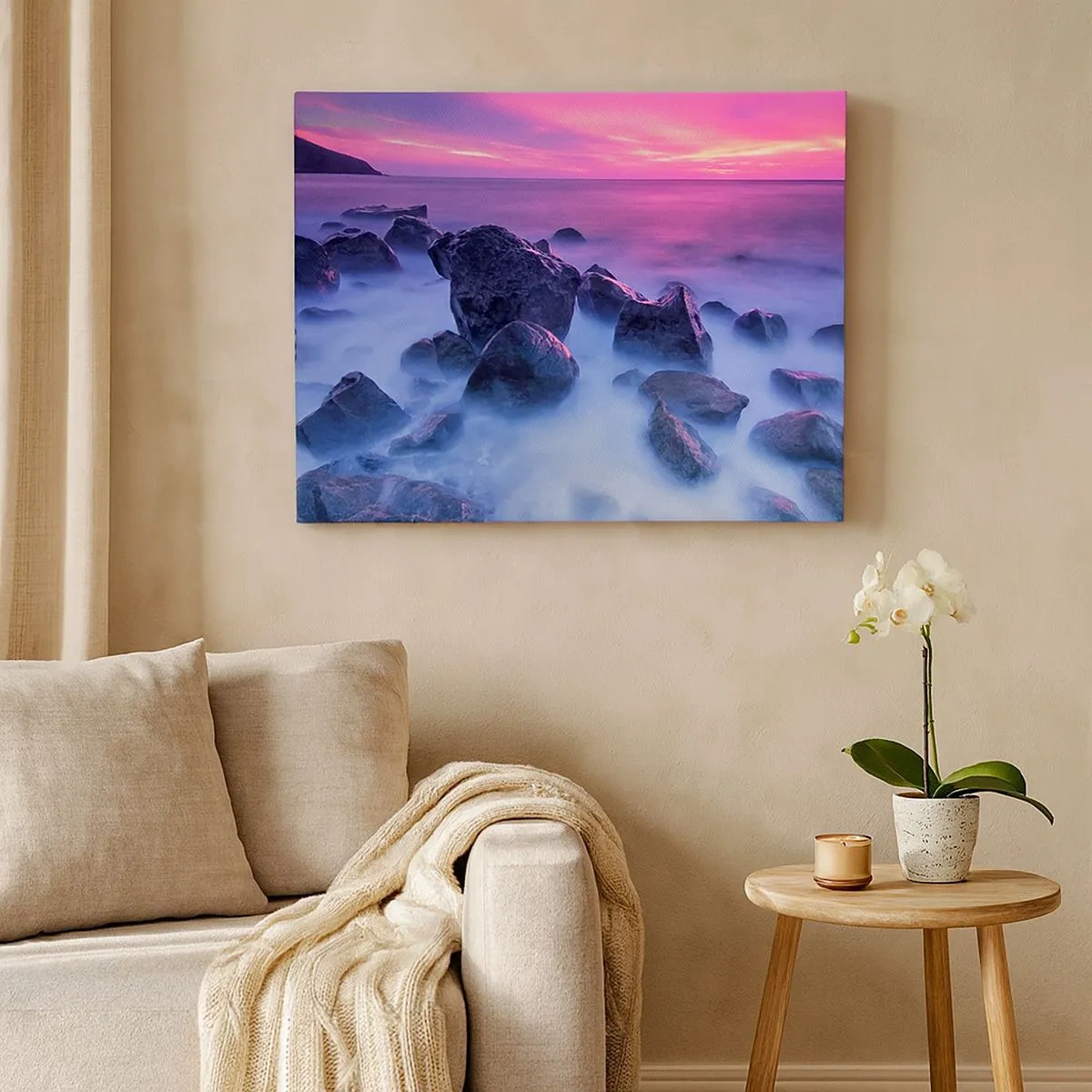 Quadro su tela - Stampe su Tela - Costa rocciosa al tramonto - 70x50cm - Nascita nella luce e nella nebbia - Decorazione murale moderna per soggiorno e camera da letto ARTTOR