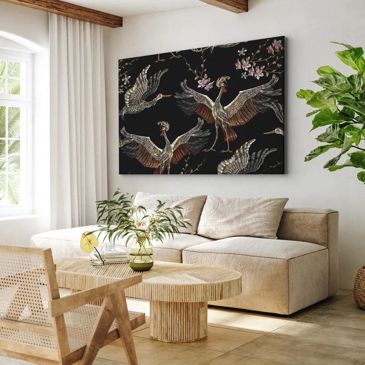 Quadro su tela - Stampe su Tela - Gru e fiori eleganti su sfondo nero - 120x80cm - Uccello fantastico - Decorazione murale moderna per soggiorno e camera da letto ARTTOR