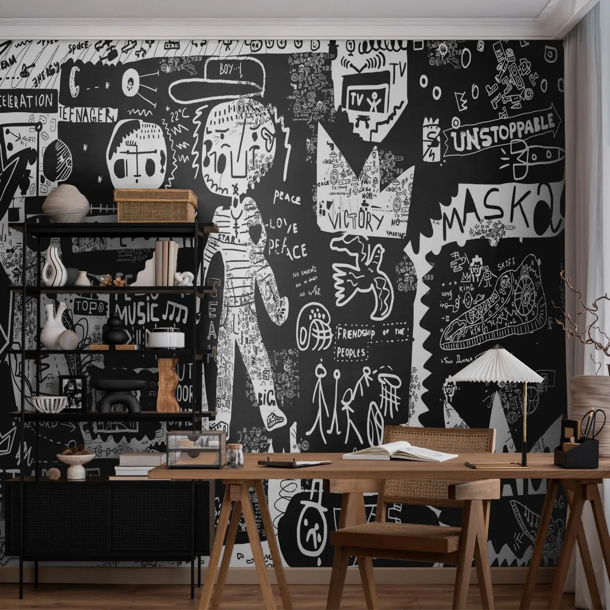 Fotomurali Premium Sand - Composizione di graffiti di street art in bianco e nero - 100x70cm - Gioventù spirituale di giustizia e gioia - Decorazione murale moderna per soggiorno e camera da letto ARTTOR