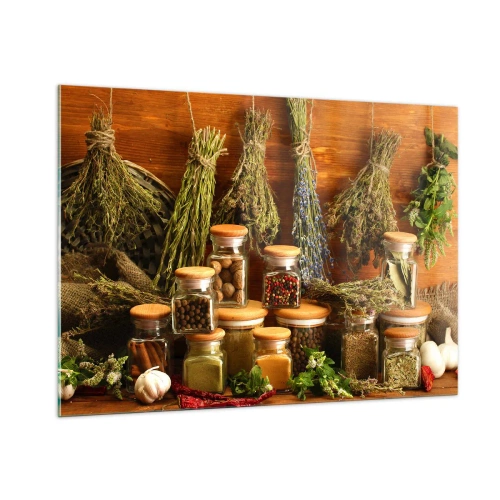 Quadro su vetro - Erbe e spezie in barattoli su fondo in legno - 100x70cm - Magie di cucina - Decorazione murale moderna per soggiorno e camera da letto ARTTOR