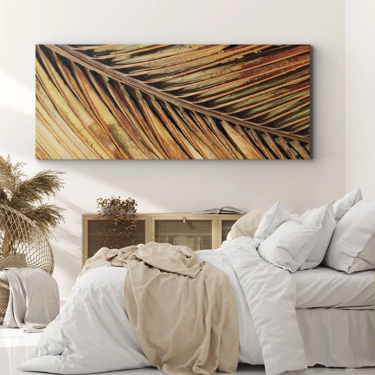 Quadro su tela - Stampe su Tela - Primo piano di una foglia di palma secca in toni caldi - 160x50cm - Oro di cocco - Decorazione murale moderna per soggiorno e camera da letto ARTTOR