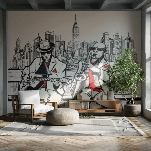 Fotomurali Premium Sand - Disegni di musicisti jazz sullo sfondo di un paesaggio urbano - 100x70cm - Improvvisare a New York - Decorazione murale moderna per soggiorno e camera da letto ARTTOR
