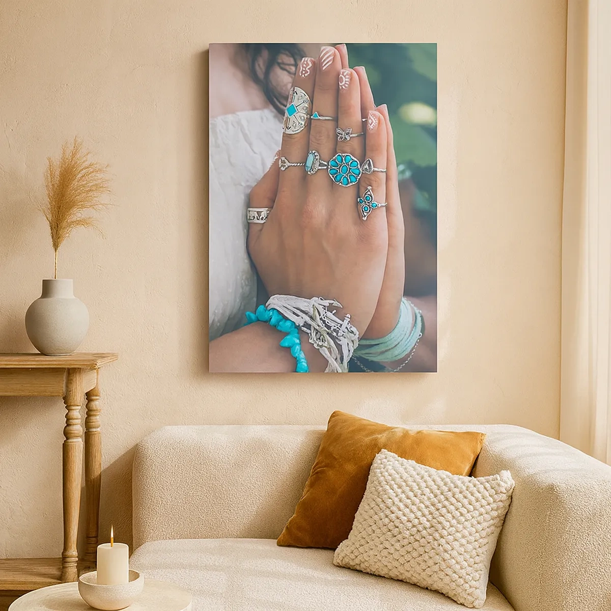 Quadro su tela - Stampe su Tela - Mani decorate con gioielli boho - 50x70cm - Benvenuto al centro dell'essere - Decorazione murale moderna per soggiorno e camera da letto ARTTOR