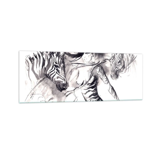 Quadro su vetro - Una donna in una danza dinamica con zebre in un'estetica in bianco e nero - 140x50cm - Ballando con le zebre - Decorazione murale moderna per soggiorno e camera da letto ARTTOR