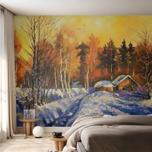 Fotomurali Autoadesivo Deluxe Sticker - Impressionismo invernale al sole - Paesaggio, Inverno, Cottage di montagna - 400x280 cm