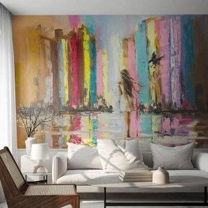 Fotomurali Premium Sand - Una donna in una città colorata - 100x70cm - Seguimi - Decorazione murale moderna per soggiorno e camera da letto ARTTOR