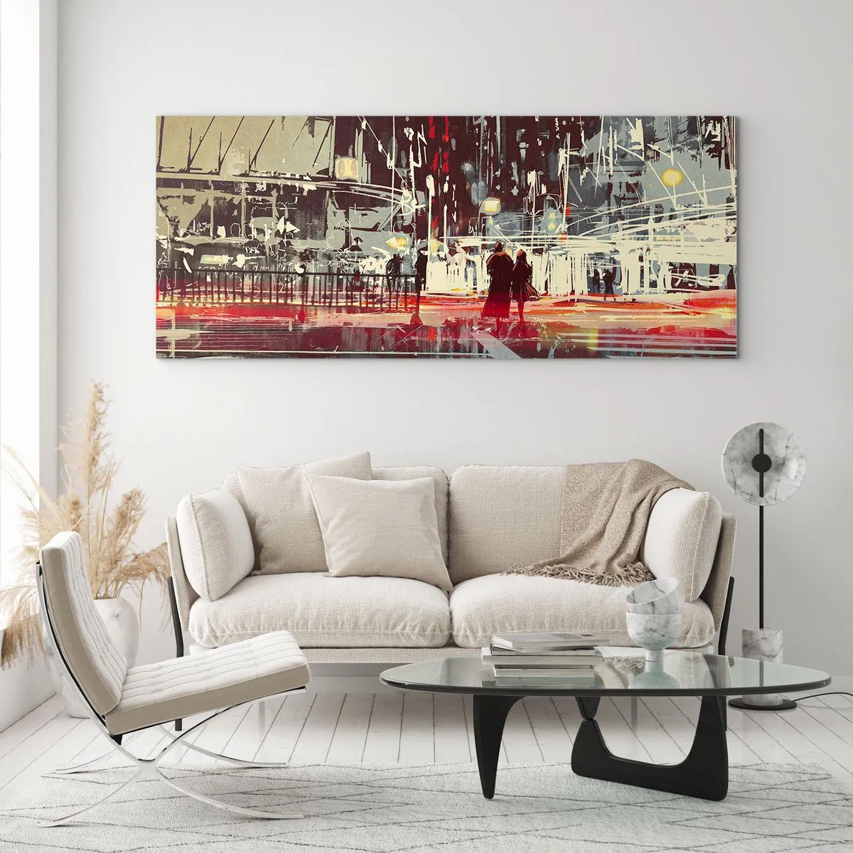 Quadro su vetro - Città di notte con luci al neon e sagome di persone per strada - 120x50cm - Viaggio nella grande città - Decorazione murale moderna per soggiorno e camera da letto ARTTOR