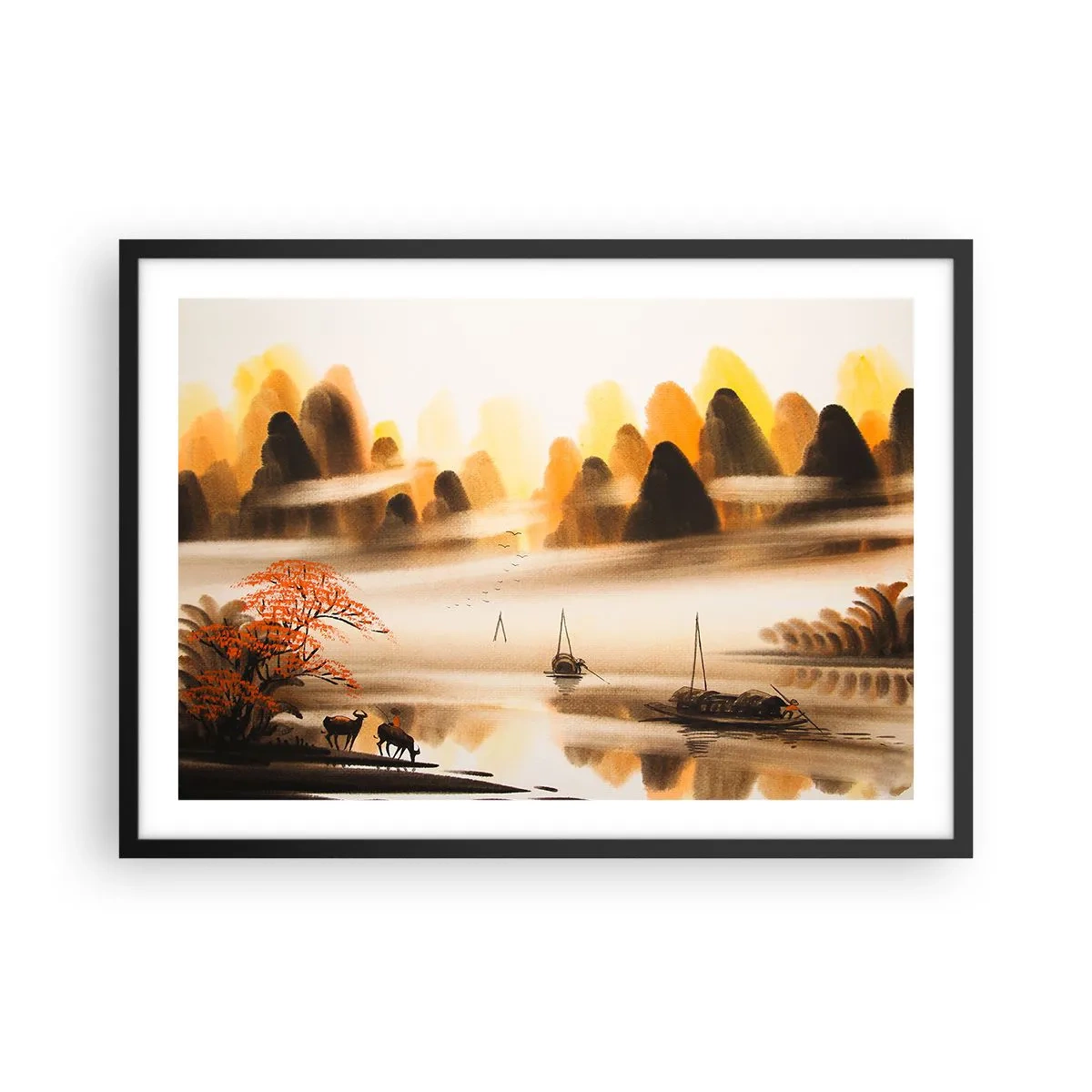 Poster in cornice nera - Un paesaggio orientale con un fiume, montagne e una leggera nebbia. - 70x50cm - Oltre l'Estremo Oriente - Decorazione murale moderna per soggiorno e camera da letto ARTTOR