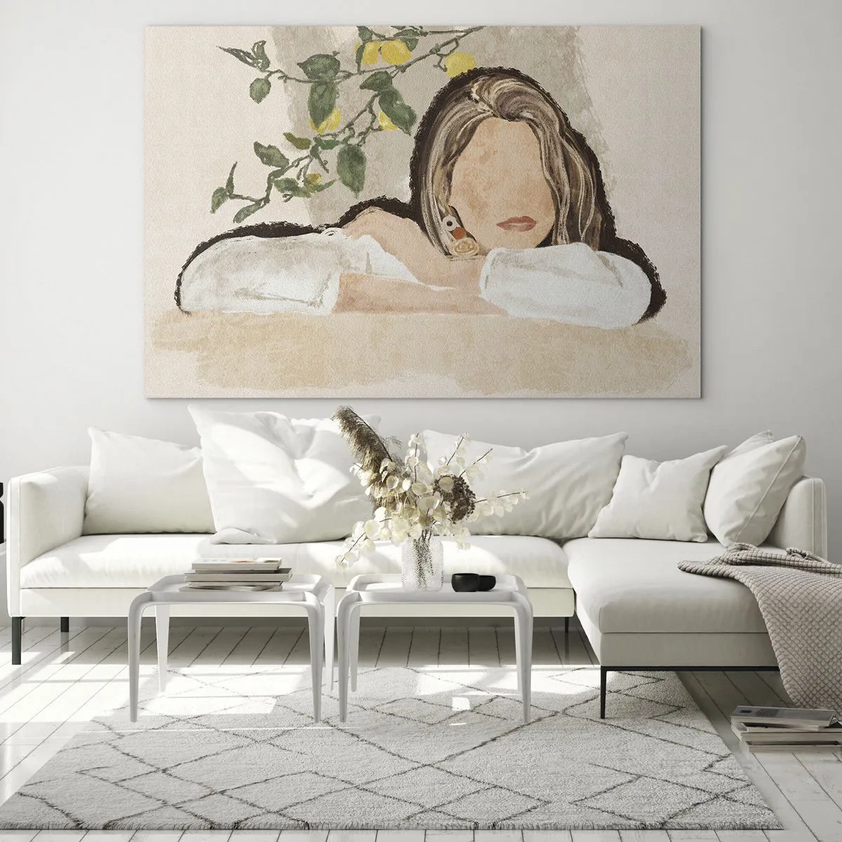Quadro su vetro - Una donna appoggiata a un tavolo tra i rami di un albero di limone, il suo viso è senza tratti somatici. - 100x70cm - Bellezza del sud - Decorazione murale moderna per soggiorno e camera da letto ARTTOR