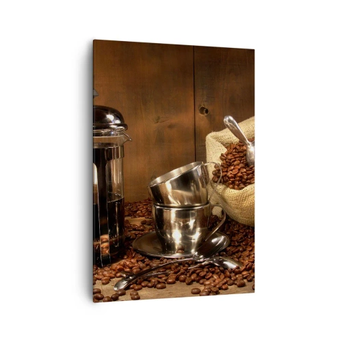 Quadro su tela - Stampe su Tela - French press, tazze e una busta di caffè su uno sfondo di legno - 70x100cm - Magia del caffè: aroma e sapore - Decorazione murale moderna per soggiorno e camera da letto ARTTOR