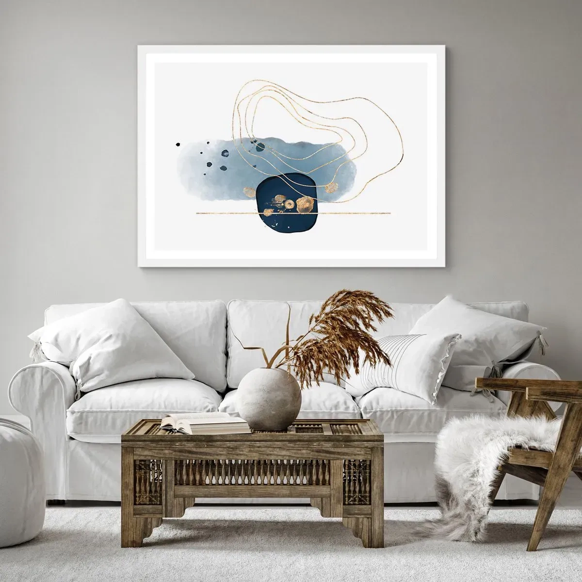 Poster in cornice bianca - Fantasia blu e oro - 70x50 cm