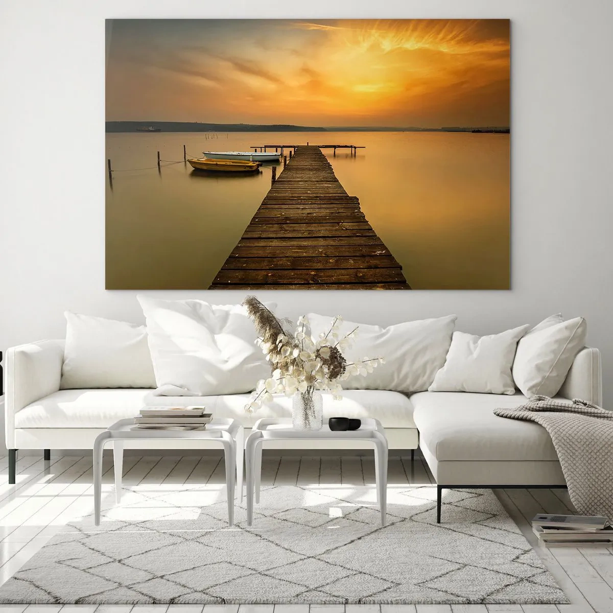 Quadro su vetro - Molo sul lago al tramonto con una barca - 100x70cm - Ti apro il cielo dorato - Decorazione murale moderna per soggiorno e camera da letto ARTTOR