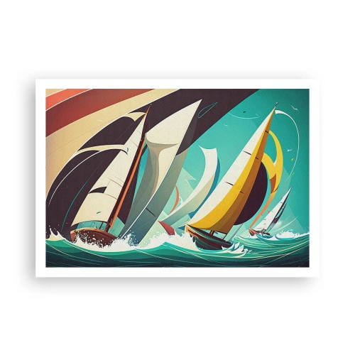 Poster - Un'illustrazione dinamica di barche a vela in un mare in tempesta. - 100x70cm - Compagne degli elementi - Decorazione murale moderna per soggiorno e camera da letto ARTTOR