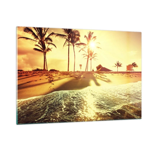 Quadro su vetro - Spiaggia dorata con palme al tramonto e mare calmo - 120x80cm - Pomeriggio in California - Decorazione murale moderna per soggiorno e camera da letto ARTTOR