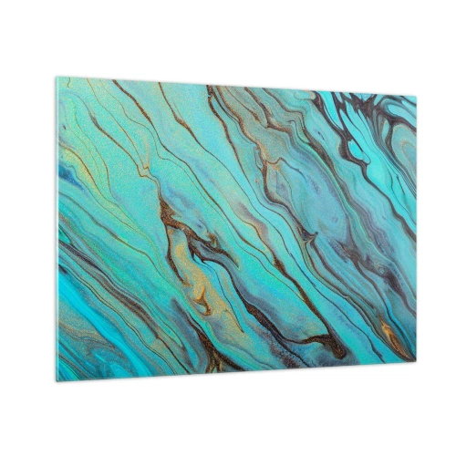 Quadro su vetro - Striature astratte in turchese e oro - 70x50cm - Marea turchese - Decorazione murale moderna per soggiorno e camera da letto ARTTOR