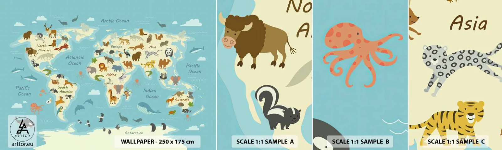 Campione di Fotomurale Adesivo Deluxe Sticker - Buoni vicini - Mappa del mondo, Mappa con animali, Animali - 100x30 cm