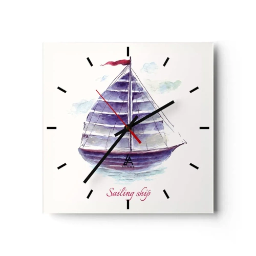 Orologio da parete - Orologio in Vetro - Un dipinto ad acquerello di una barca a vela sull'acqua con una delicata iscrizione - 30x30cm - Gonfie vele e mare calmo - Decorazione murale moderna per soggiorno e camera da letto ARTTOR