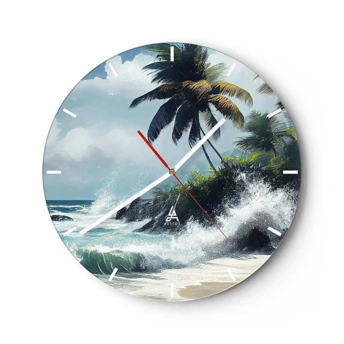 Orologio da parete - Orologio in Vetro - Spiaggia tropicale con palme e onde oceaniche che si infrangono - 30x30cm - Sulla riva tropicale - Decorazione murale moderna per soggiorno, cucina e camera da letto ARTTOR
