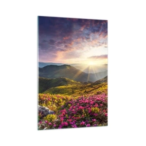 Quadro su vetro - Paesaggio montano con rododendri in fiore - 70x100cm - La freschezza di un mattino sui monti - Decorazione murale moderna per soggiorno e camera da letto ARTTOR