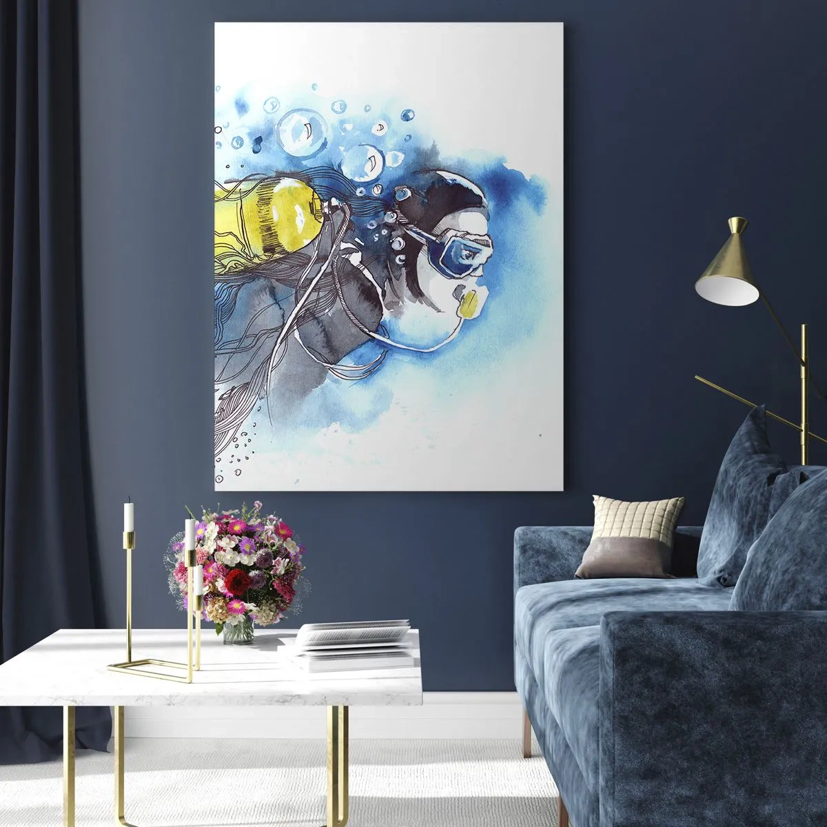 Quadro su vetro - Scena subacquea con un subacqueo e pesci esotici - 70x100cm - Il grande blu - Decorazione murale moderna per soggiorno e camera da letto ARTTOR