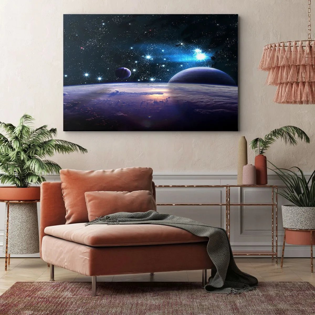 Quadro su tela - Stampe su Tela - Una vista dello spazio con pianeti e stelle - 70x50cm - Sempre da soli? - Decorazione murale moderna per soggiorno e camera da letto ARTTOR