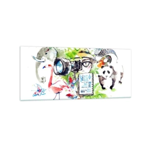 Quadro su vetro - Grafica colorata con temi naturalistici e safari - 120x50cm - Nell'obiettivo del viaggiatore - Decorazione murale moderna per soggiorno e camera da letto ARTTOR