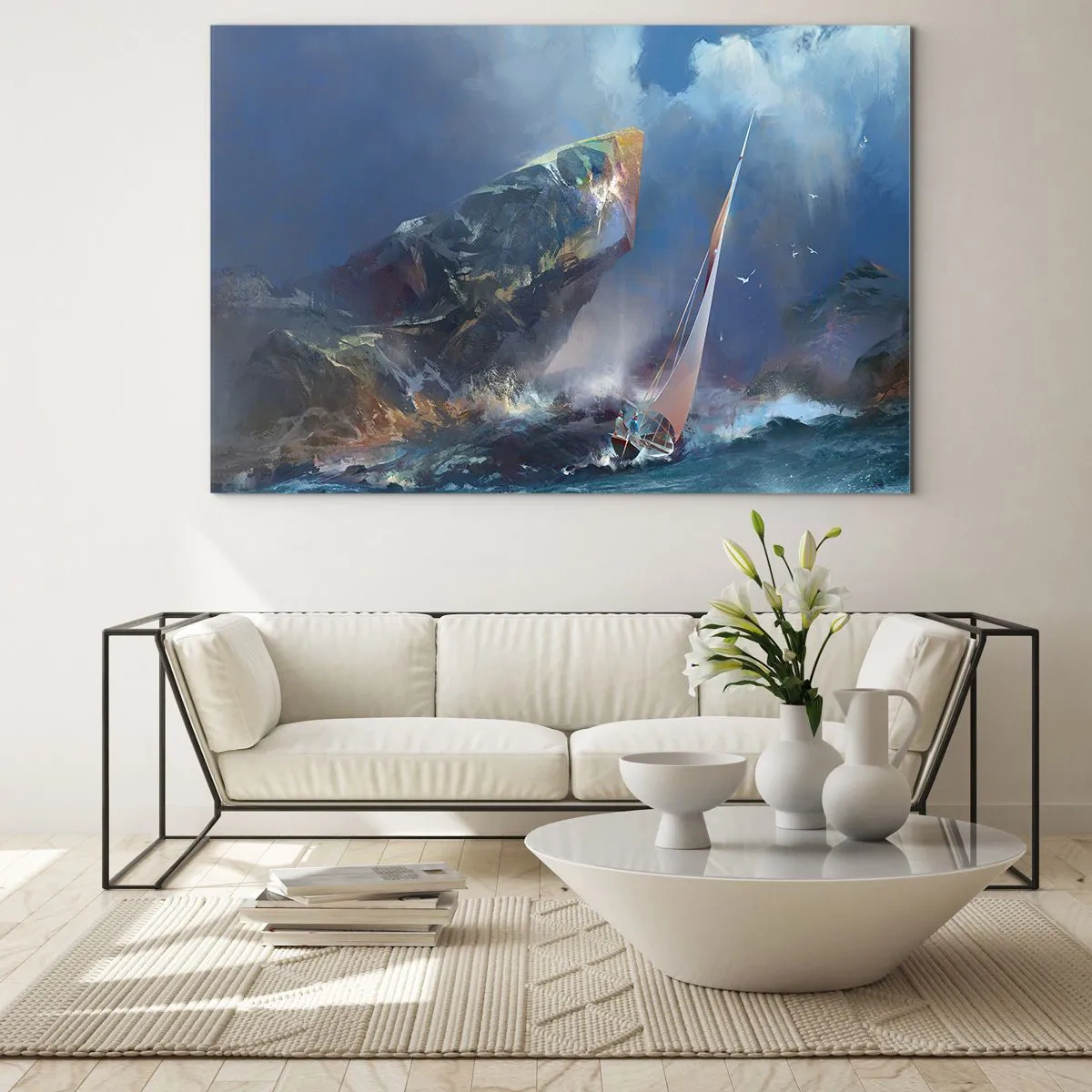 Quadro su vetro - Una barca a vela in tempesta al largo di una costa rocciosa - 100x70cm - Vince chi ha coraggio - Decorazione murale moderna per soggiorno e camera da letto ARTTOR