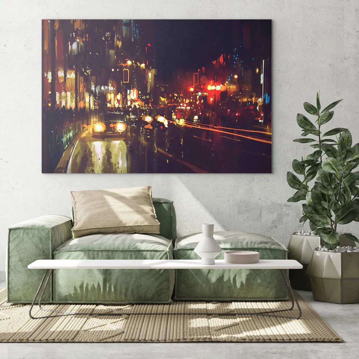 Quadro su vetro - Paesaggio notturno della città con auto e lampioni - 70x50cm - Immersa nelle luci della notte - Decorazione murale moderna per soggiorno e camera da letto ARTTOR
